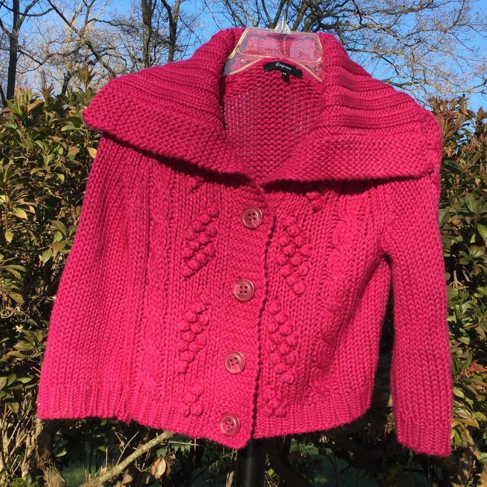 Express Wool Blend Tweed Knit Pink Metallic Cardigan